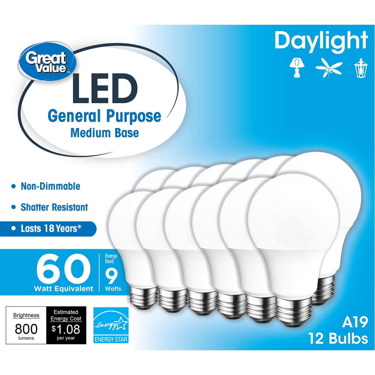 Great Value LED Light Bulb, 9W (60W Equivalent) A19 General Purpose Lamp E26 Medium Base, Non-Dimmable, Daylight, 12-Pack, Size: 12 Bulbs