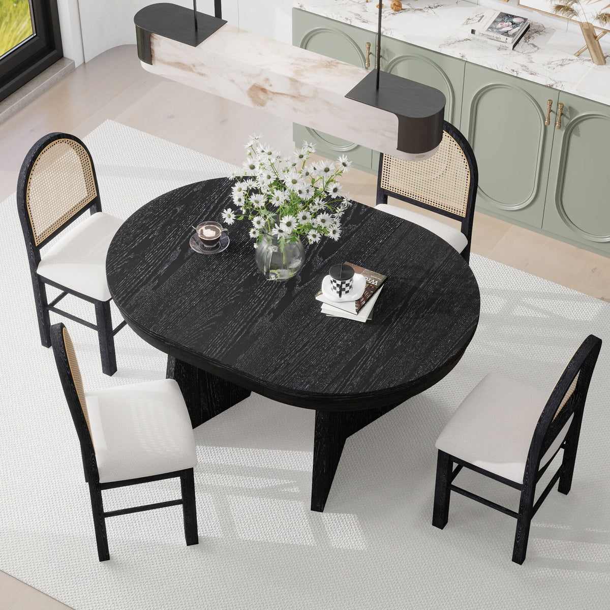 5 - Piece Extendable Dining Table Set for 4 People, Solid Wood Kitchen Table Set with 4 Upholstered Chairs and Rattan Backrests for Dining Room and Kitchen, Natural