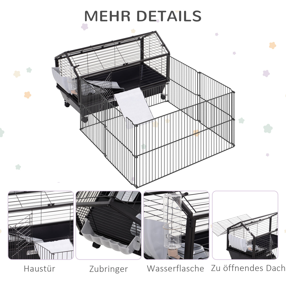 Pawhut Kleintierkäfig mit Freigehege inkl. Zubehör 88 cm x 128,5 cm x 56 cm  4 Rollen Schwarz Metall Polypropylen