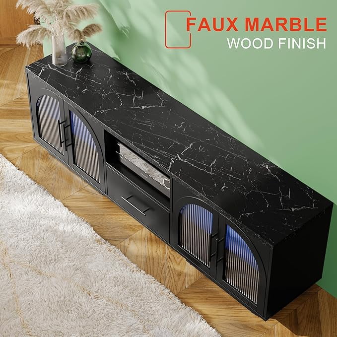 TV Stand for 75 in TV, LED TV Stand for Living Room, 70" Entertainment Center with Arched Glass Doors, Faux Marble Wood Finish Top, Adjustable Shelves, and LED Lighting, Black