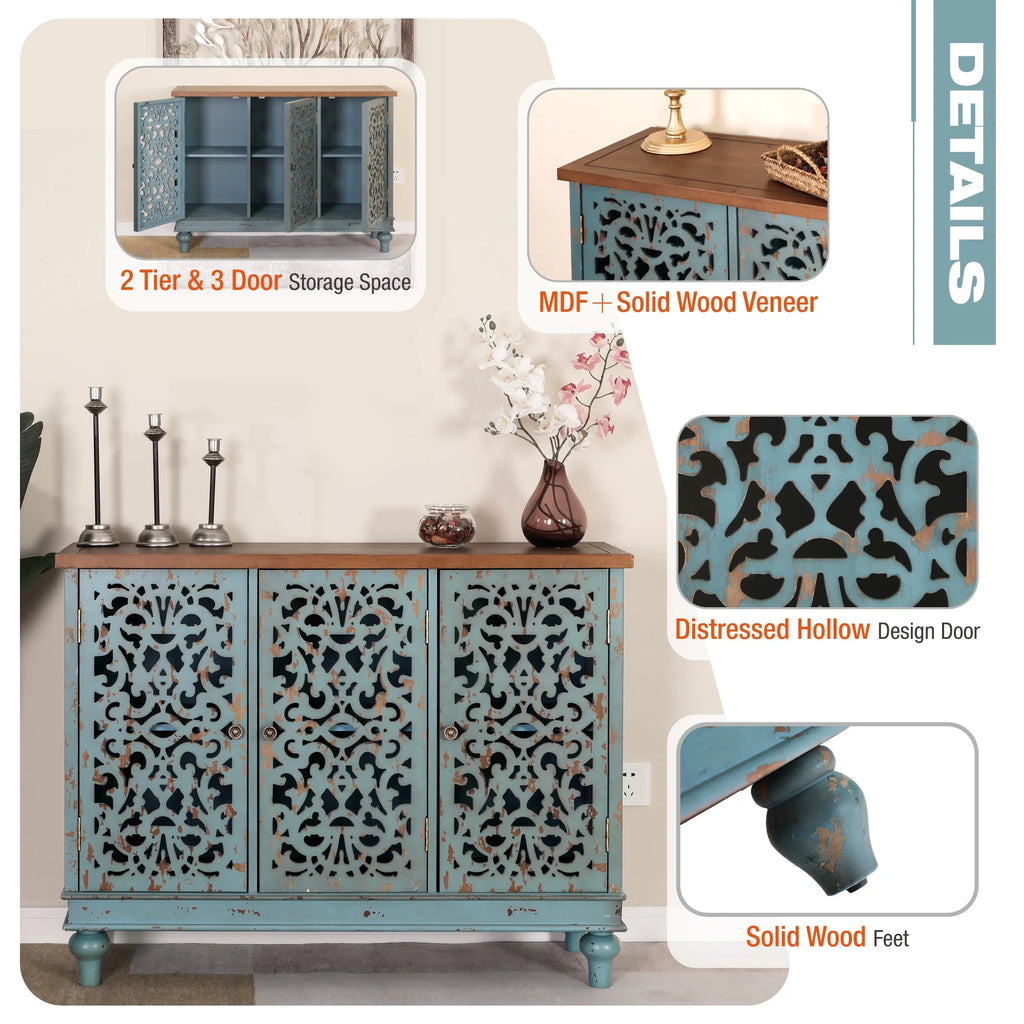 Sophia & William Hollow - Carved Credenzas and Sideboards, Wood Blue, 2 Shelves