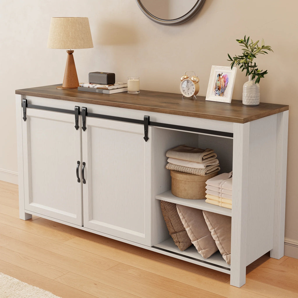 Coffee Bar Cabinet, Lofka 60" Buffet Cabinet with Storage, 2 Sliding Barn Doors & 4 Drawers for Kitchen, White + Rustic Brown