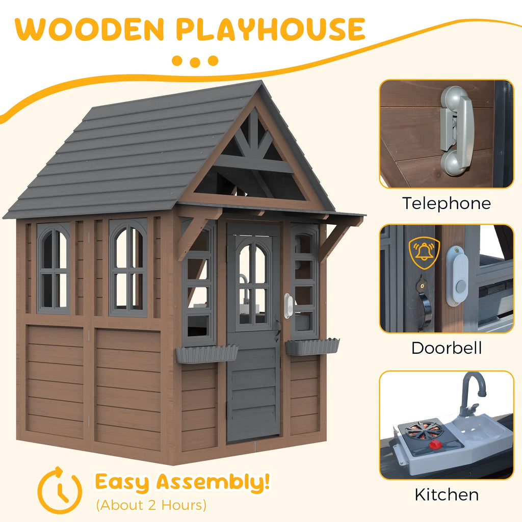 COCLUB Outdoor Playhouse for Kids Ages 4 - 8, Wooden Play House with Doorbell, Phone, Kitchen Toys, Outdoor Kids Play Equipment, Casa Para Niñas (45"l x 65"h), White & Black