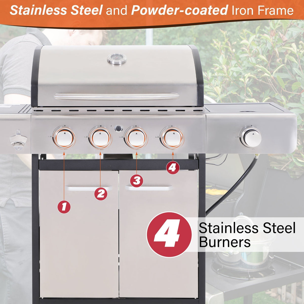 Stainless Steel Portable 4-Burner Propane Gas Grill with Side Burner