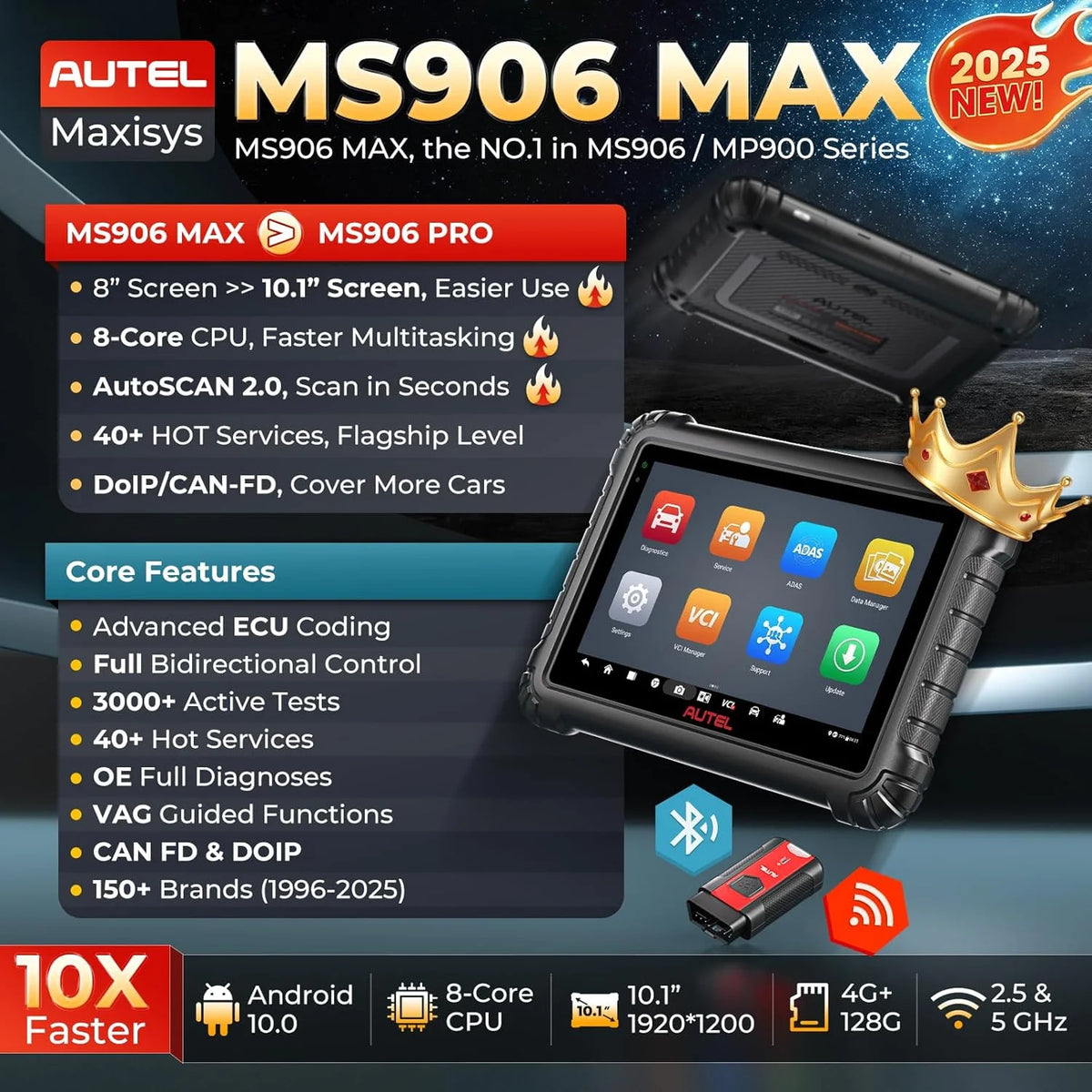 Autel Maxisys MS906 MAX Scanner W/Free PS100, 10.1" up of MS906 PRO/ MK908 II/MP900BT, Advanced ECU Coding, Bi - Directional Scan Tool, CAN FD&Doip VAG Guided