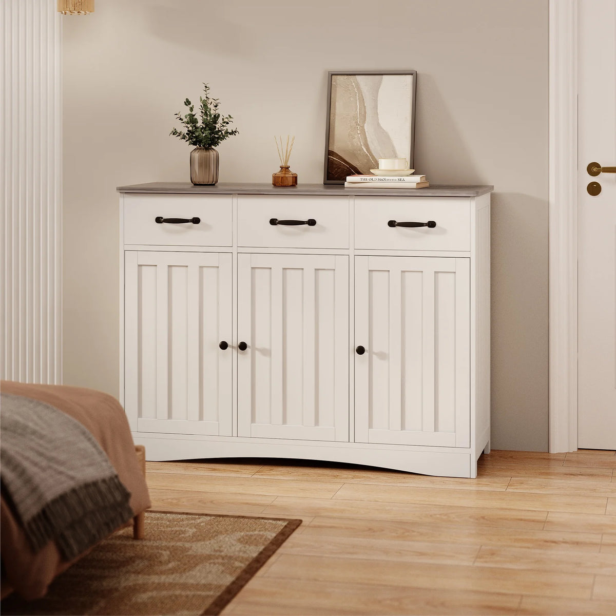 Coffee Bar Cabinet, Lofka 60" Buffet Cabinet with Storage, 2 Sliding Barn Doors & 4 Drawers for Kitchen, White + Rustic Brown