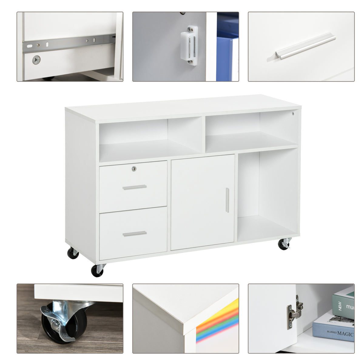 HOMCOM Bürocontainer mit Rollen, Aktenschrank, Büroschrank, Sideboard, Badezimmerschrank für Büro, Küche, Schlafzimmer, Wohnzimmer Spanplatte, Weiß, 100 x 35 x 65 cm
