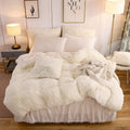 LIFEREVO Luxury Plush Shaggy Duvet Cover Set (1 Faux Fur Duvet Cover and 2 Pompoms Fringe Pillow Shams) Solid Zipper Closure (King Light Beige)