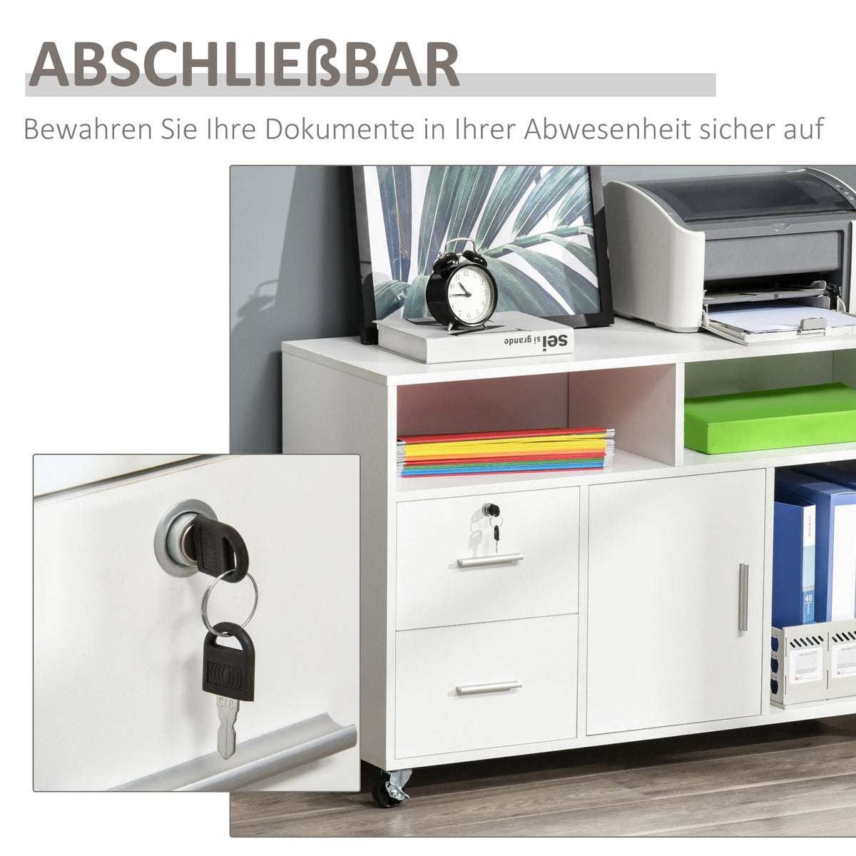 HOMCOM Bürocontainer mit Rollen, Aktenschrank, Büroschrank, Sideboard, Badezimmerschrank für Büro, Küche, Schlafzimmer, Wohnzimmer Spanplatte, Weiß, 100 x 35 x 65 cm