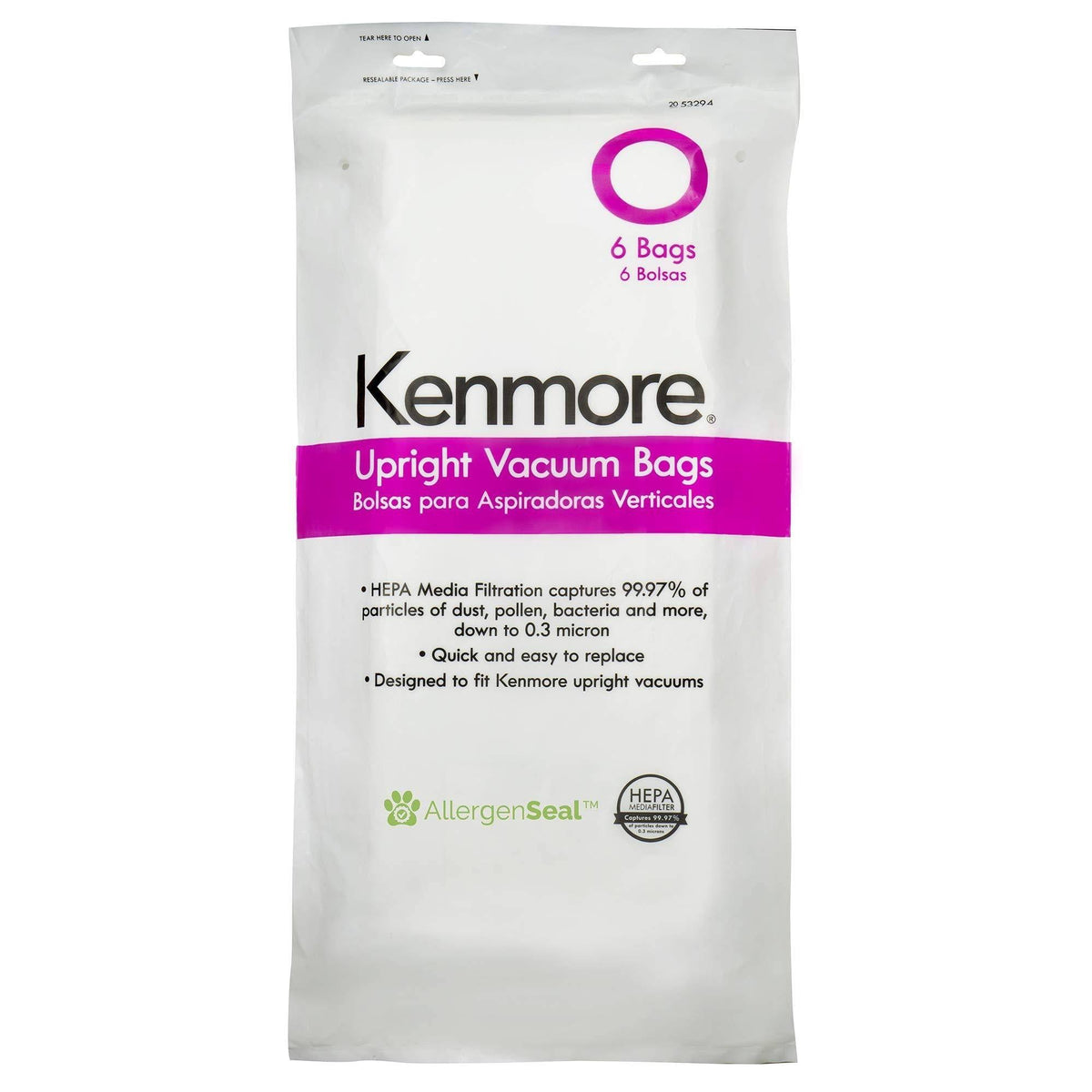 Kenmore 53294 Style O HEPA Cloth Vacuum Bags Upright Vacuum Cleaners 6 Pack (premium Pack)