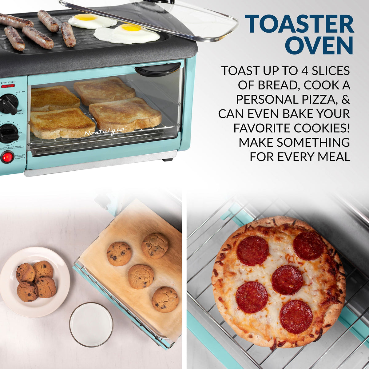 BST3AQ Retro 3-in-1 Family Size Electric Breakfast Station. Coffeemaker. Griddle. Toaster Oven - Aqua