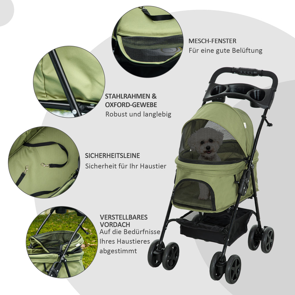 PawHut Hundewagen Hundebuggy, klappbar, 2 Sicherheitsleinen, 2 Becherhalter,  67 x 45 x 96 cm, Khaki