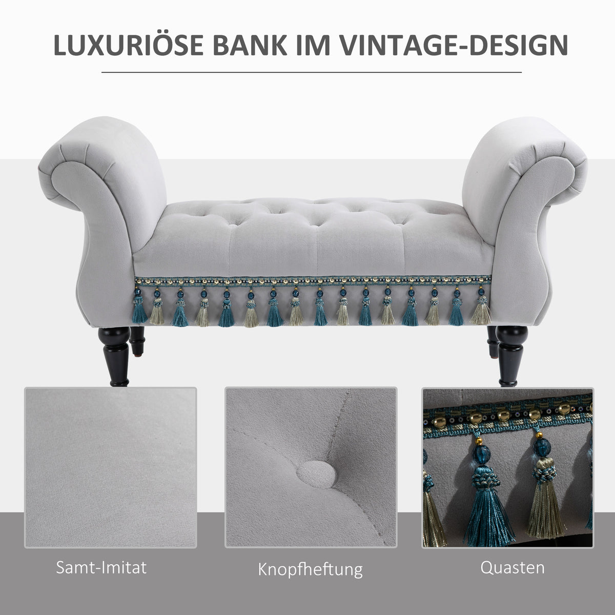 HOMCOM Sitzbank Polsterbank, Samtoptik, Luxus Bettbank mit Holzbeine, Flurbank für Schlafzimmer, bis 150 kg Belastbar, Hellgrau, 117 x 40 x 58 cm