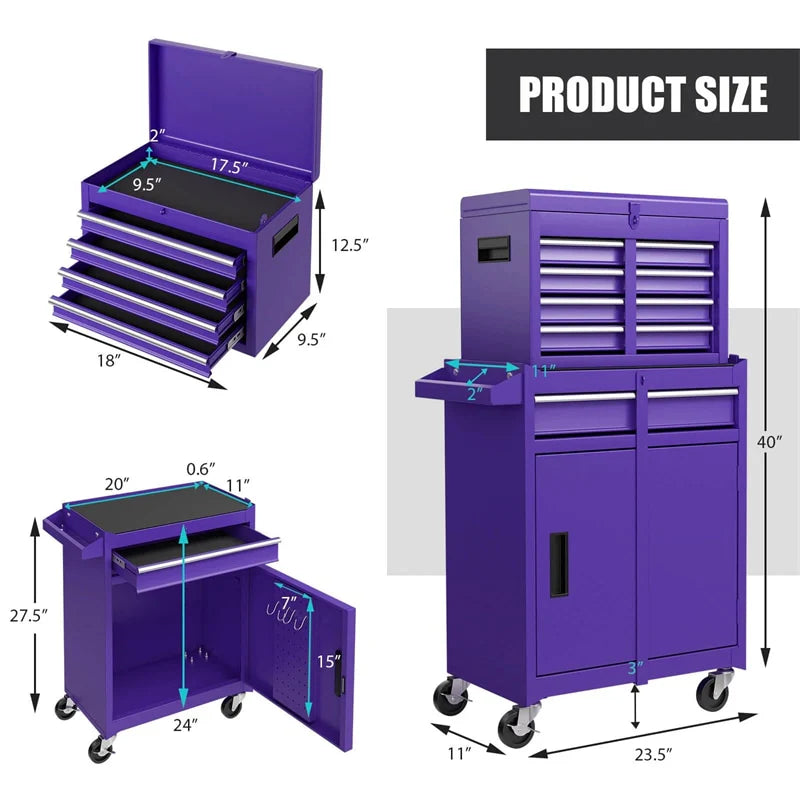 2-in-1 Rolling Tool Chest, 5-Drawer Tool Storage Cabinet with Wheels, Adjustable Shelf, Tool Box Organizer for Garage Warehouse Workshop
