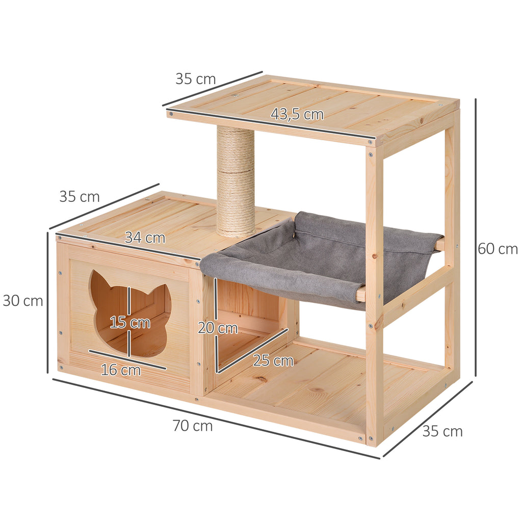 PawHut Katzenhaus mit Hängematte, Katzenkiste mit Sisalstamm, Katzenhöhle, Katzenbaum, Katzenaktivitätszentrum, Tannenholz, Natur, 70 x 35 x 60 cm