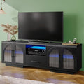TV Stand for 75 in TV, LED TV Stand for Living Room, 70" Entertainment Center with Arched Glass Doors, Faux Marble Wood Finish Top, Adjustable Shelves, and LED Lighting, Black