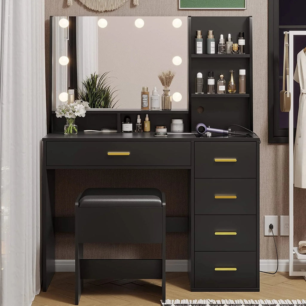 Black Vanity Set with Lights & Charging Station & Cushioned Stool, Modern Makeup Vanity Desk Table with Visible Drawers and Open Storage Shelves for Women Girls
