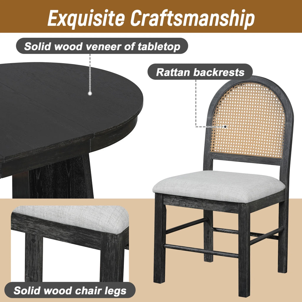 5 - Piece Extendable Dining Table Set for 4 People, Solid Wood Kitchen Table Set with 4 Upholstered Chairs and Rattan Backrests for Dining Room and Kitchen, Natural