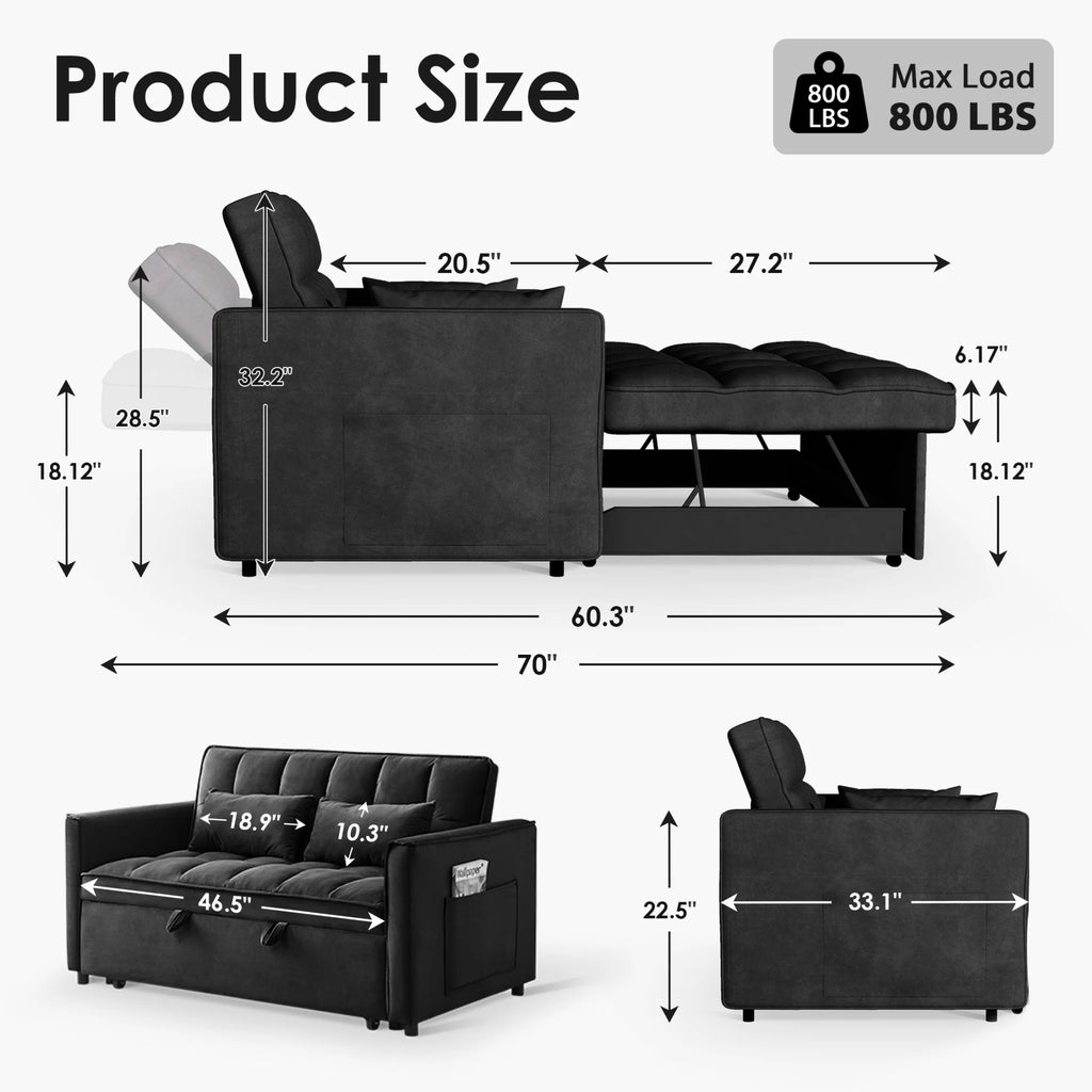 EPOWP Convertible Sofa Bed, 3 in 1 Pull Out Sleeper Loveseat Couch with Storage, Black