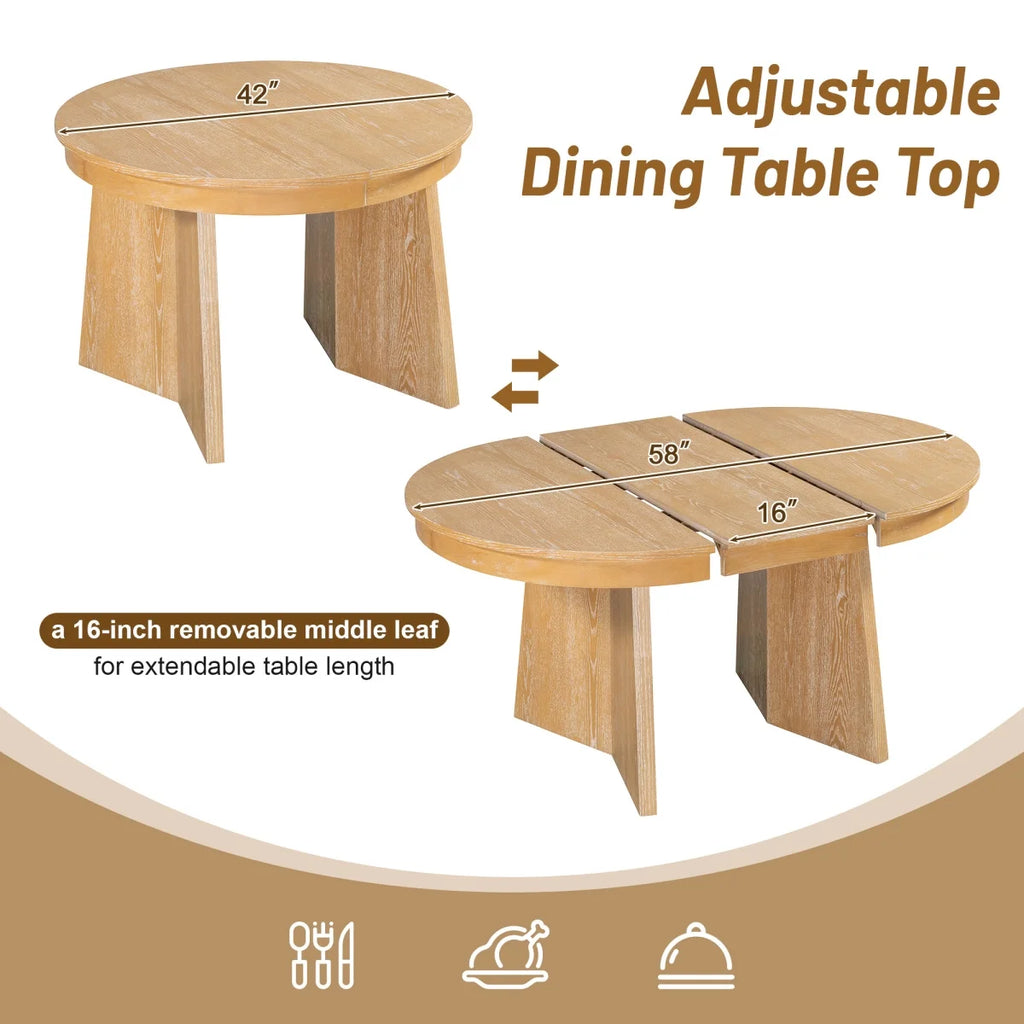5 - Piece Extendable Dining Table Set for 4 People, Solid Wood Kitchen Table Set with 4 Upholstered Chairs and Rattan Backrests for Dining Room and Kitchen, Natural