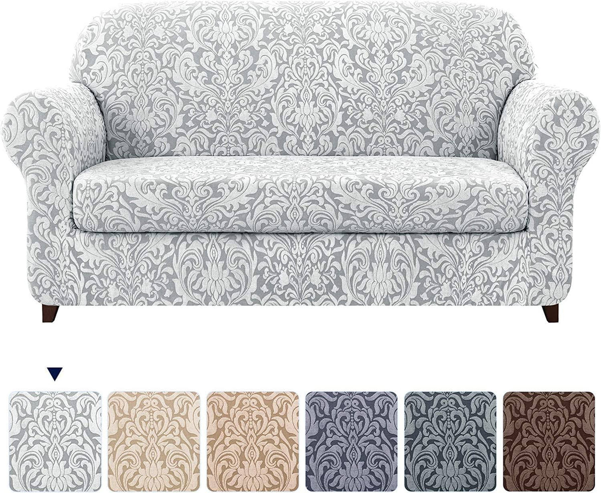 Subrtex 2-Piece Stretch Sofa Couch Cover Jacquard Damask Slipcover - Light Smoky Gray