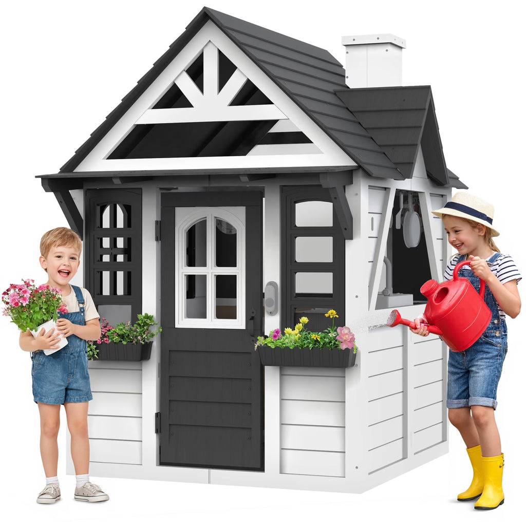 COCLUB Outdoor Playhouse for Kids Ages 4 - 8, Wooden Play House with Doorbell, Phone, Kitchen Toys, Outdoor Kids Play Equipment, Casa Para Niñas (45"l x 65"h), White & Black