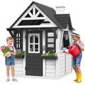 COCLUB Outdoor Playhouse for Kids Ages 4 - 8, Wooden Play House with Doorbell, Phone, Kitchen Toys, Outdoor Kids Play Equipment, Casa Para Niñas (45"l x 65"h), White & Black