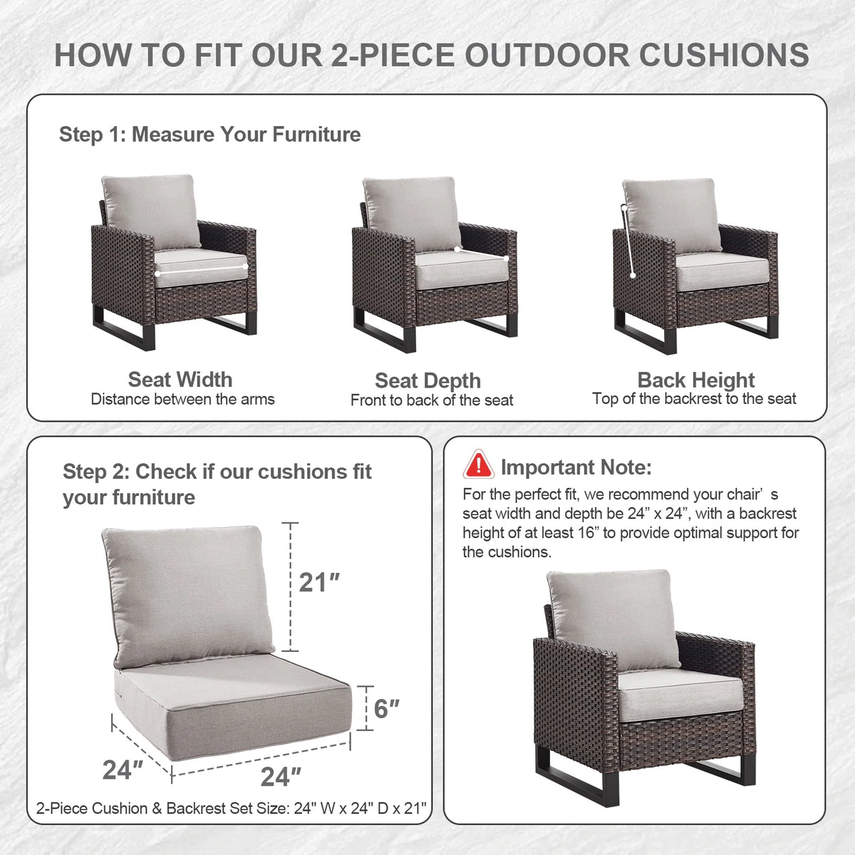 Bellefurn Outdoor Deep Seat Cushion 24 X 24 X 6 in for Patio Furniture, Outdoor Chair Cushions Waterproof & Fade Resistant Patio Furniture Cushions for Wicker Chair, Sofa, Couch