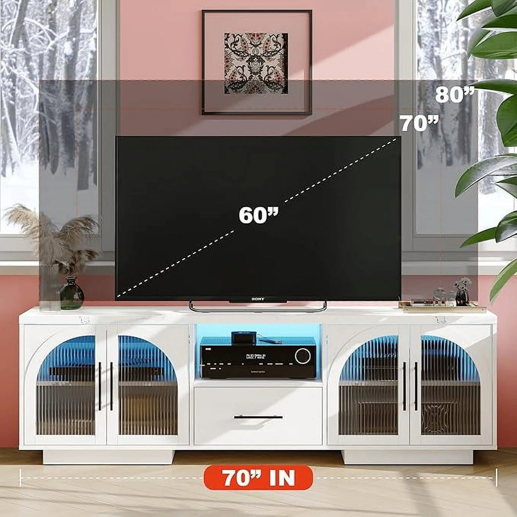 TV Stand for 75 in TV, LED TV Stand for Living Room, 70" Entertainment Center with Arched Glass Doors, Faux Marble Wood Finish Top, Adjustable Shelves, and LED Lighting, Black