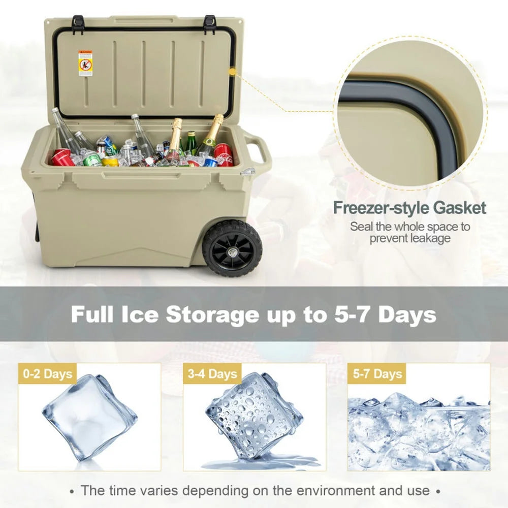 GVN Refrigerator Freezer, Fridge, 75 Quart Portable Cooler Rotomolded Ice Chest with Handles and Wheels - Tan