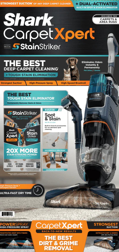 Shark Carpetxpert with Stainstriker, Upright Carpet, Area Rug & Upholstery Cleaner for Pets, Built - in Spot & Stain Eliminator, Deep Cleaning & Tough Stain Removal, Carpet Shampooer, Navy, New, EX200