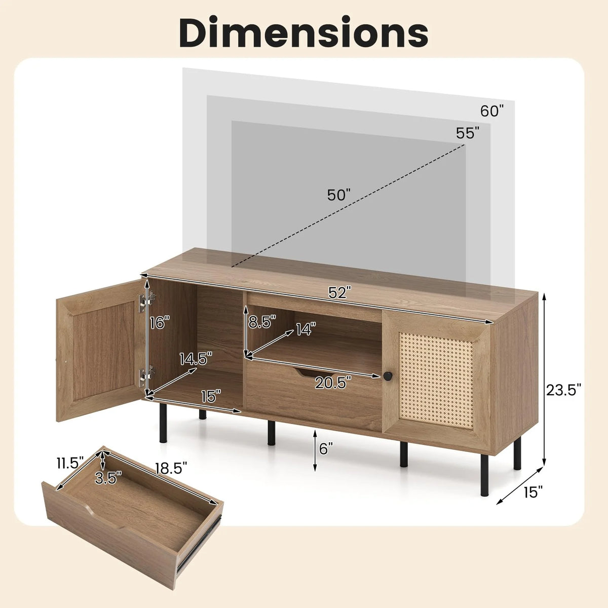 Tangkula Boho TV Stand for 60 Inch TV Entertainment Center with Cabinets and Storage Shelf