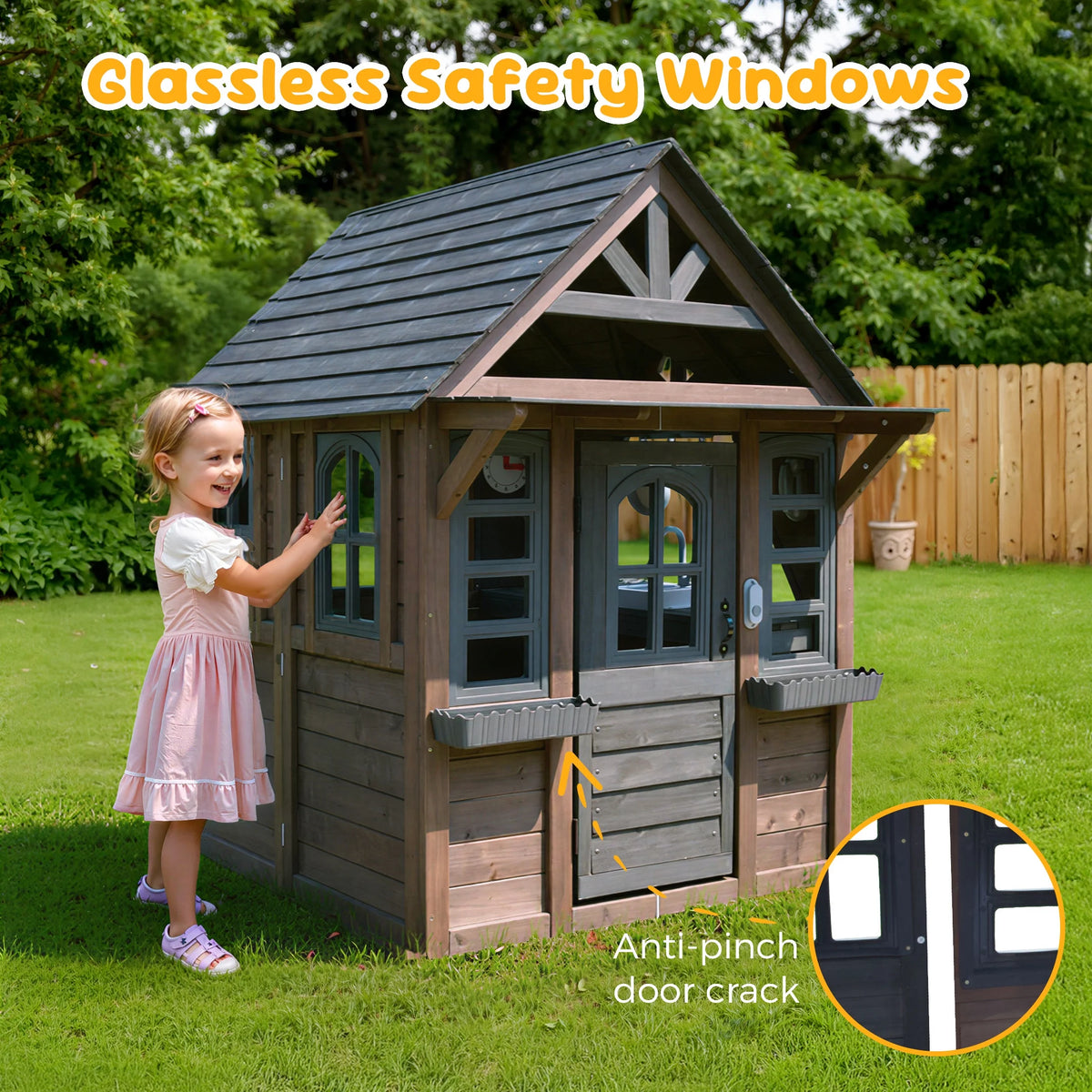 COCLUB Outdoor Playhouse for Kids Ages 4 - 8, Wooden Play House with Doorbell, Phone, Kitchen Toys, Outdoor Kids Play Equipment, Casa Para Niñas (45"l x 65"h), White & Black