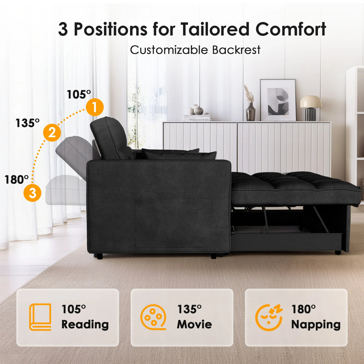 EPOWP Convertible Sofa Bed, 3 in 1 Pull Out Sleeper Loveseat Couch with Storage, Black