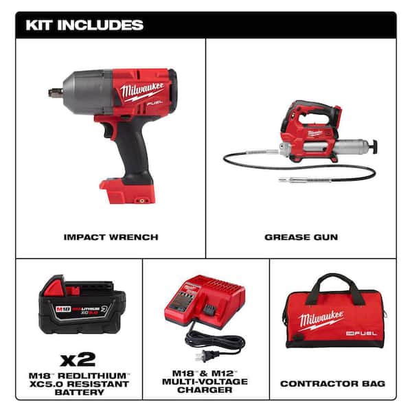 M18 FUEL 18V Lithium - Ion Brushless Cordless 1/2 In. High - Torque Impact Wrench with Grease Gun Kit, Resistant Batteries