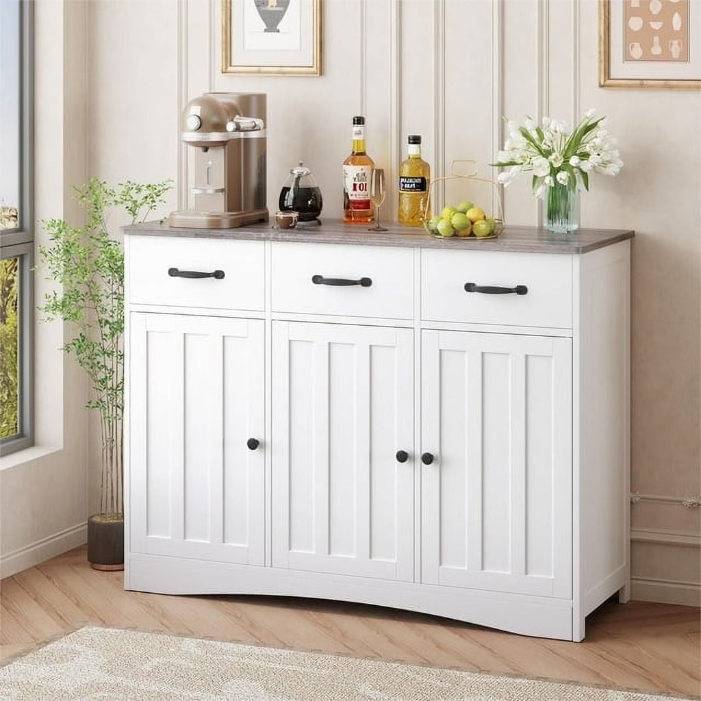 Coffee Bar Cabinet, Lofka 60" Buffet Cabinet with Storage, 2 Sliding Barn Doors & 4 Drawers for Kitchen, White + Rustic Brown