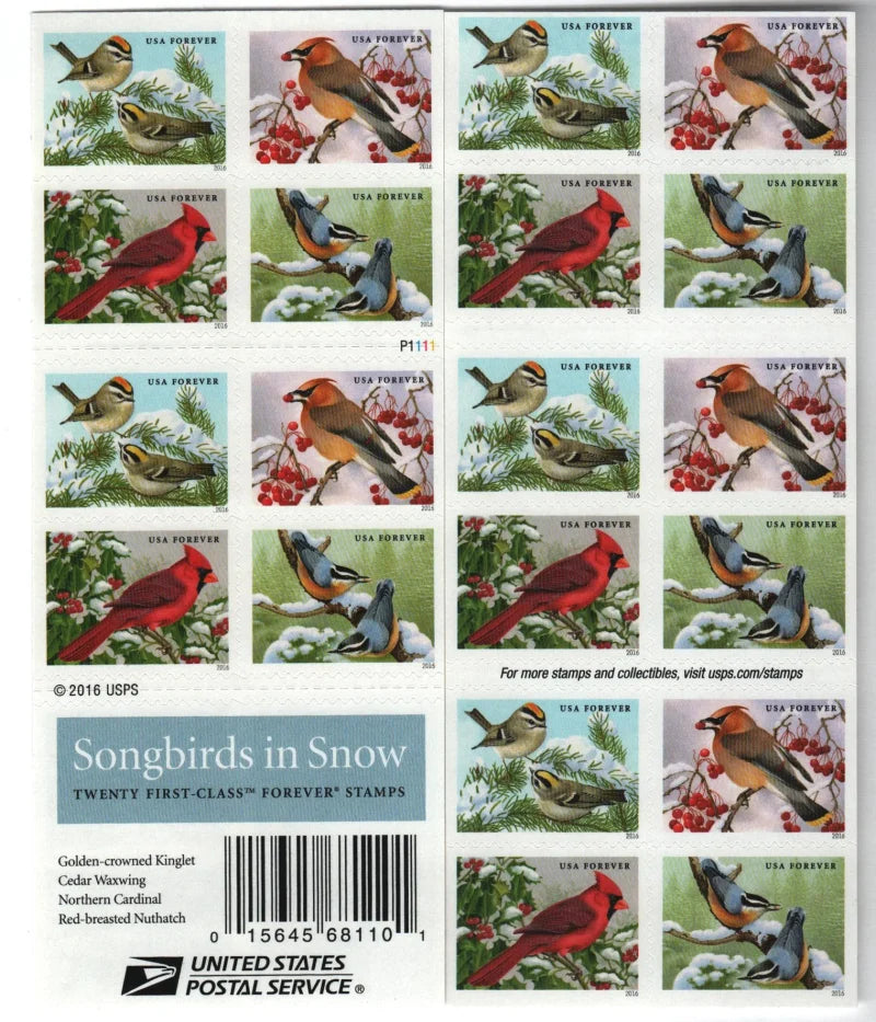 Forever Stamps 2016 Songbirds in Snow – Seasonal Wildlife. First-Class Postage