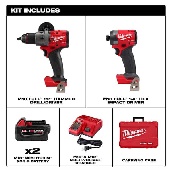 M18 FUEL 18-V Lithium-Ion Brushless Cordless Hammer Drill/Impact Combo Kit W/1/2 in .Impact Wrench Kit w/(4) Batteries