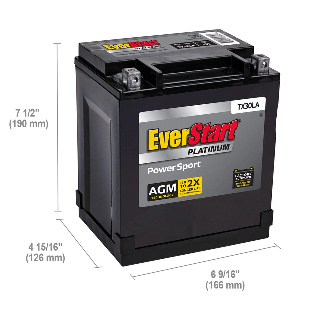 Everstart Platinum BOXED AGM Powersport Battery, Group Size TX30LA 12volt, 385 CCA