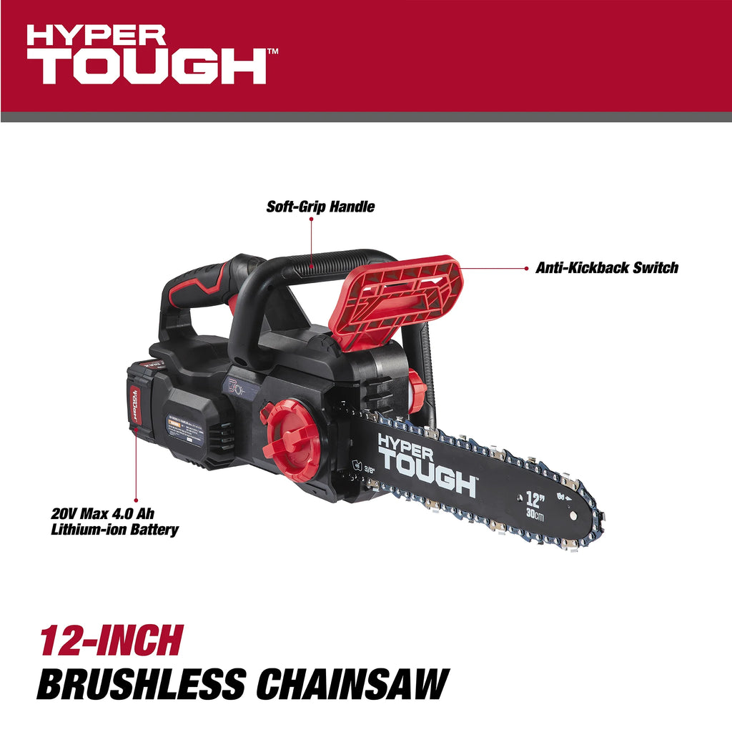 Hyper Tough 20V 4.0ah Battery Powered 12in Brushless Chainsaw, HT22 - 401 - 03 - 03