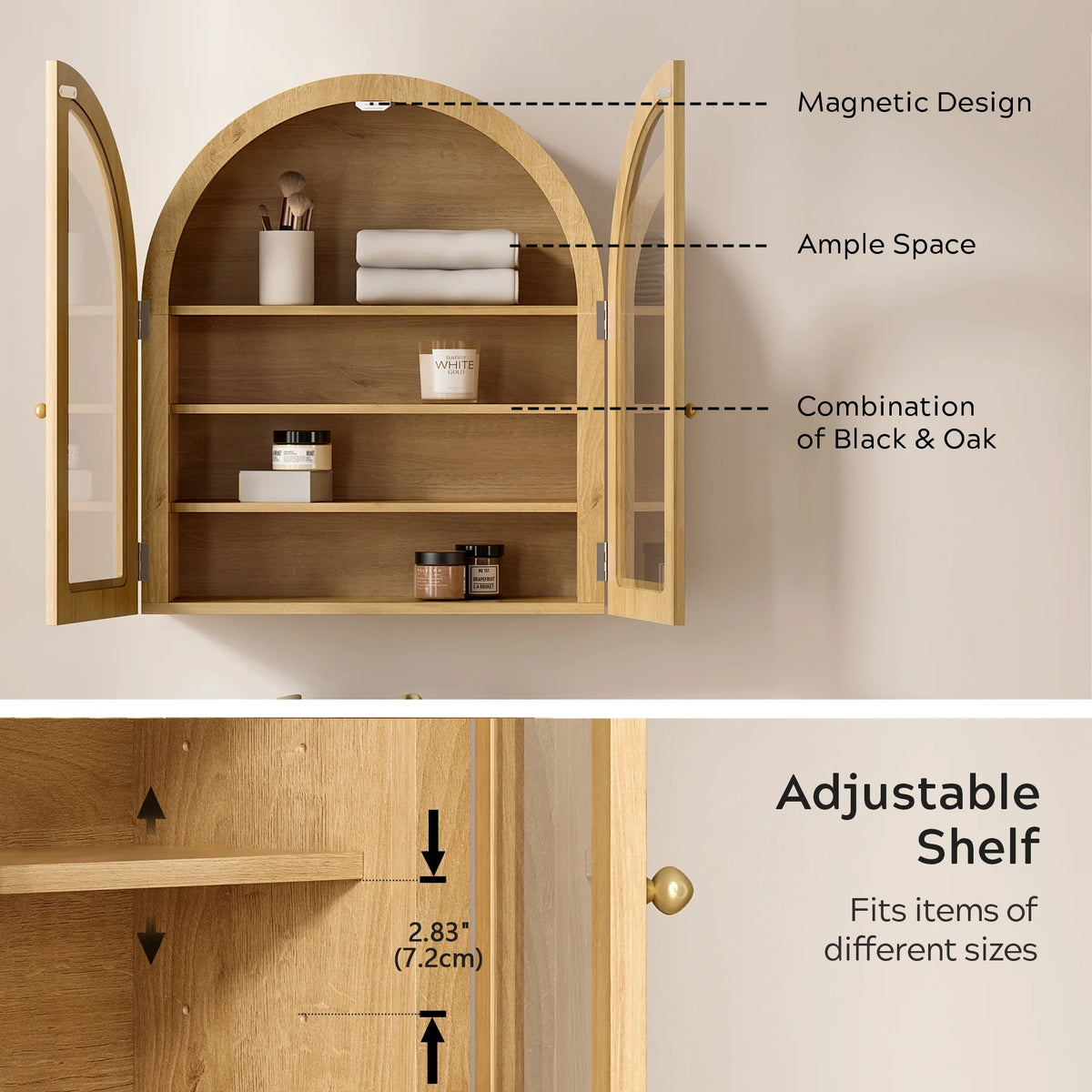 EYYTHUNG Modern Arched Wall Cabinet, Large Medicine Cupboard, Black Cabinet for Bathroom with Adjustable Shelf, Black Oak