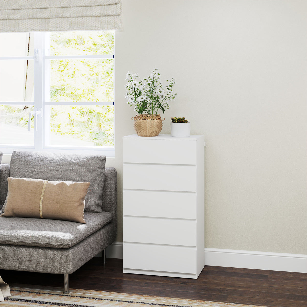 HOMCOM Kommode Sideboard Schubladenkommode, 5 Schubladen, 55 cm x 34 cm x 100 cm, Weiß