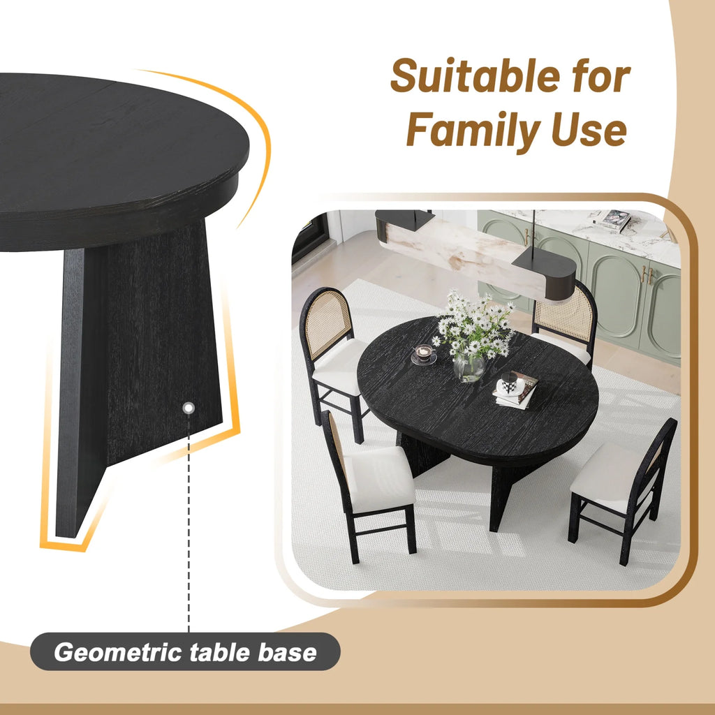 5 - Piece Extendable Dining Table Set for 4 People, Solid Wood Kitchen Table Set with 4 Upholstered Chairs and Rattan Backrests for Dining Room and Kitchen, Natural