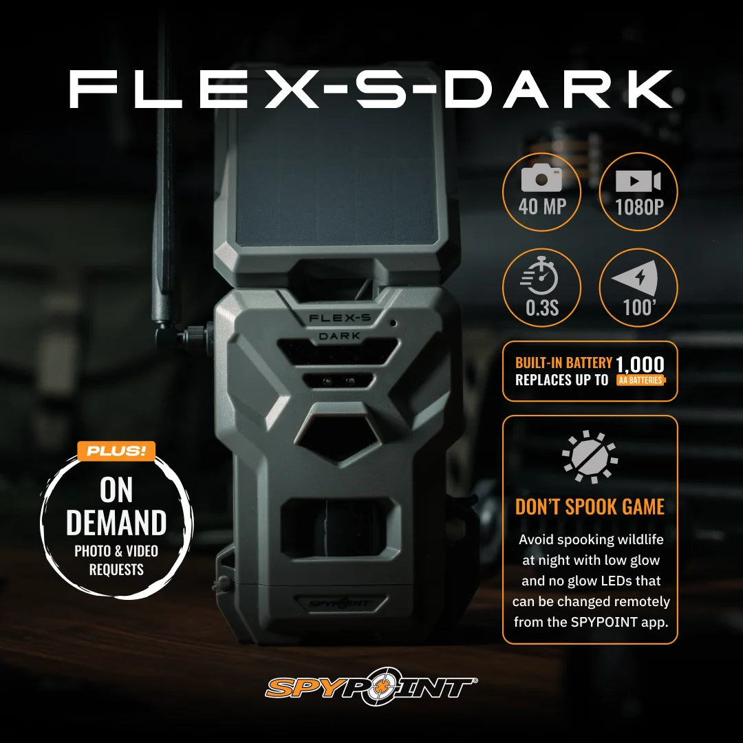 SPYPOINT Flex - S Dark Solar Outdoor Cellular Trail Camera - Integrated Solar Panel, No WiFi Needed, Night Vision Motion Activated, Dual - Sim LTE, 40MP Photos and 1080p W/Sound