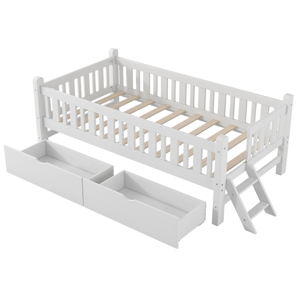 Euroco Wood Twin Size Platform Bed with 2 Drawers and Ladder for Kids and Toddlers, White