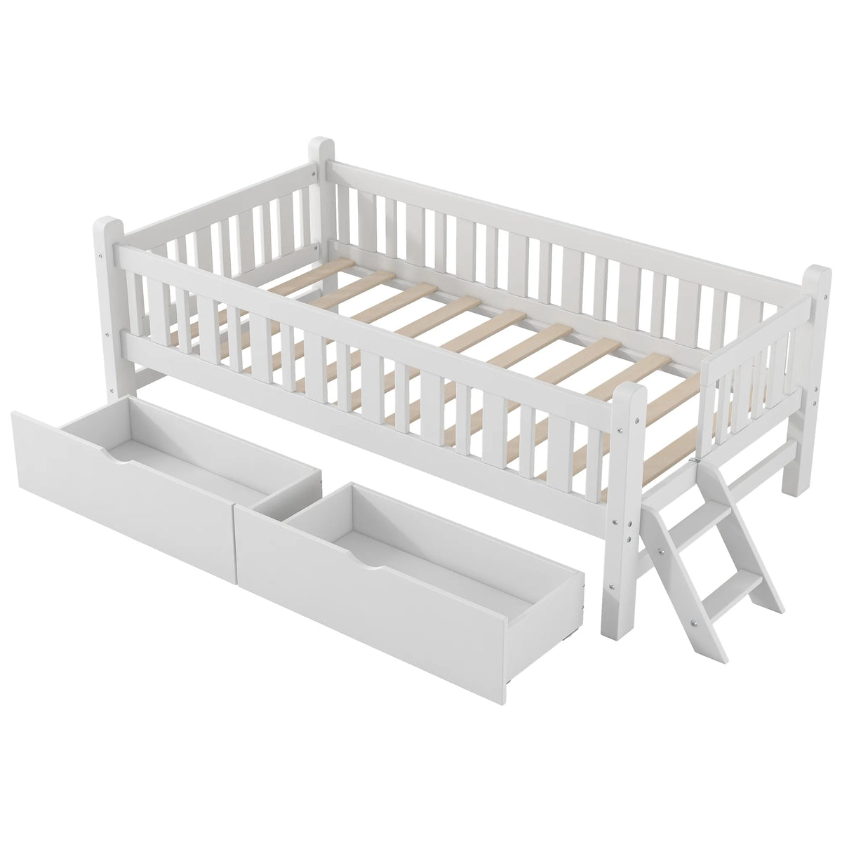 Euroco Wood Twin Size Platform Bed with 2 Drawers and Ladder for Kids and Toddlers, White