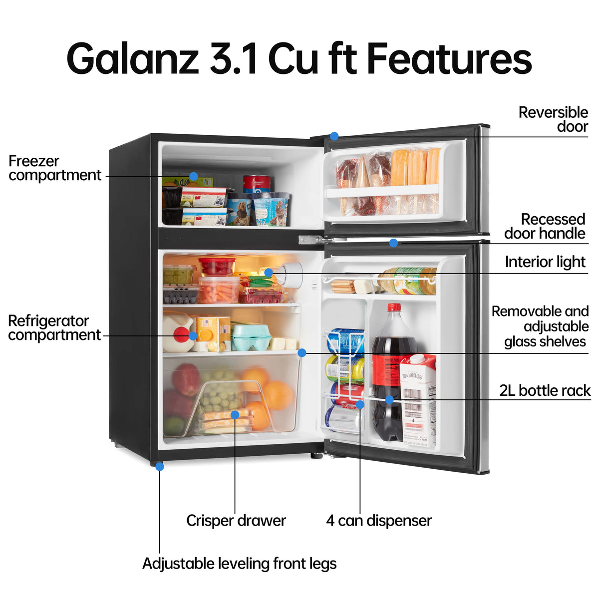 Galanz 3.1 cu ft Two Door Mini Fridge, Black, New
