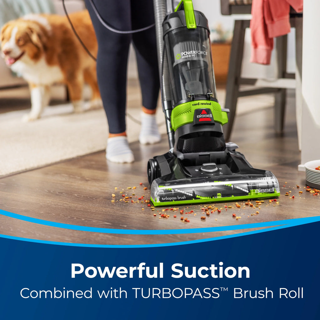 BISSELL Powerforce Helix Turbo Rewind Pet, Upright Vacuum, Pet Friendly, Automatic Cord Rewind, Powerful Pet Hair Pickup, Extra - Wide Cleaning Path, 3333, Black & Green