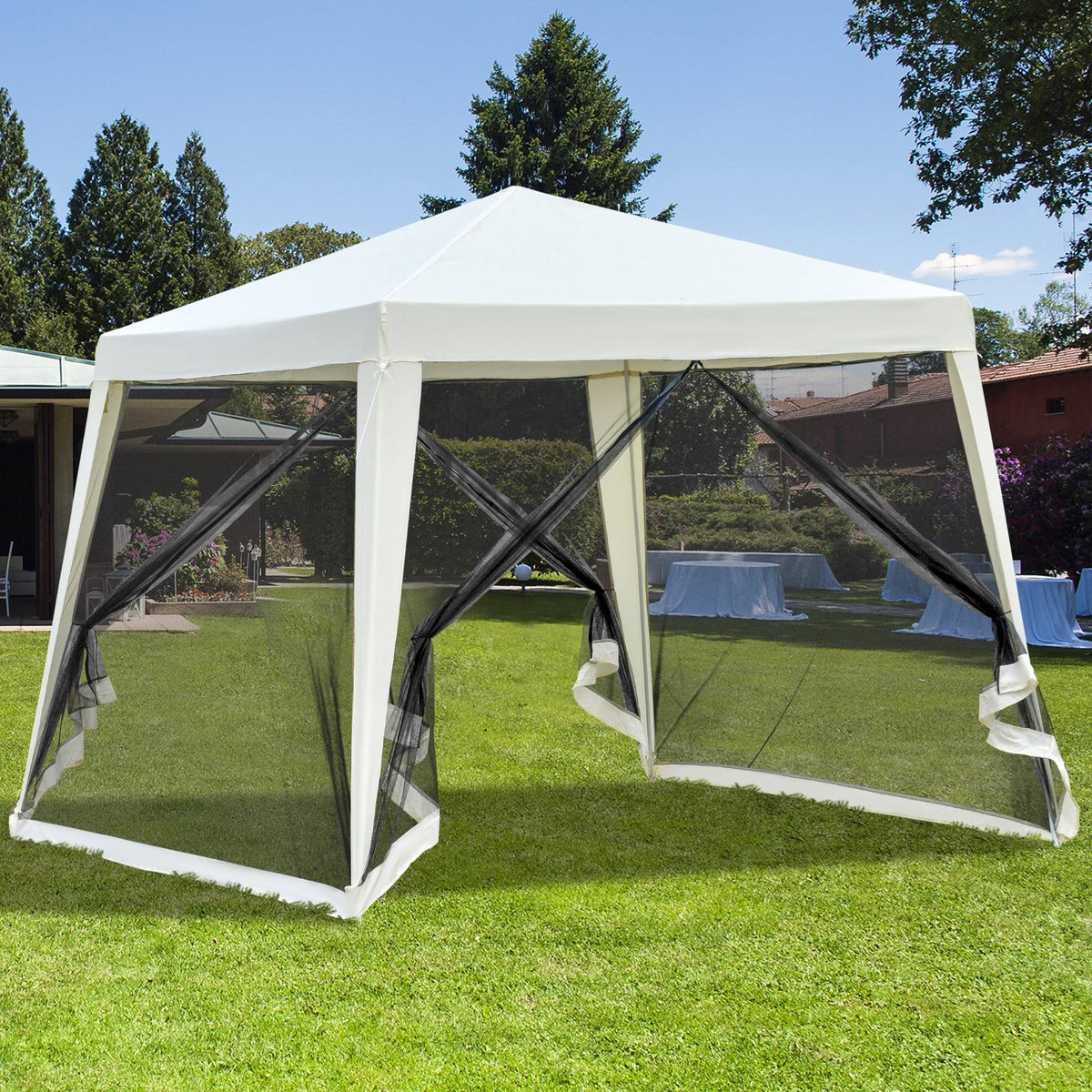 Outsunny 10' x 10' Folding Slant Leg Screened Sun Shelter Canopy Tent with Mesh Sidewalls - Beige