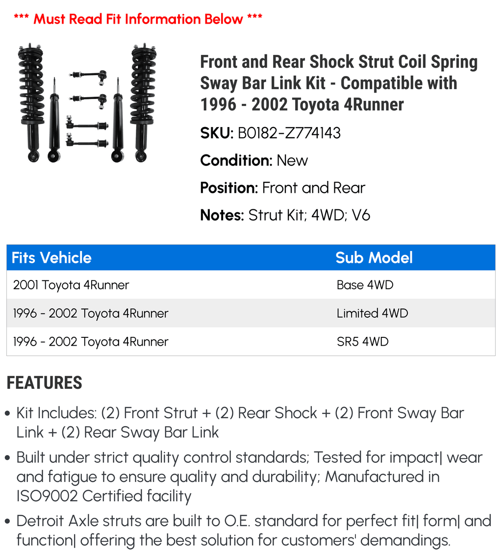 Front and Rear Shock Strut Coil Spring Sway Bar Link Kit - Compatible with 1996 - 2002 Toyota 4runner 1997 1998 1999 2000 2001